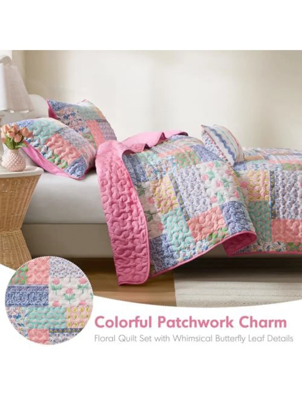 Quilted Patchwork Comforter Set in Pastel Pink and Multi